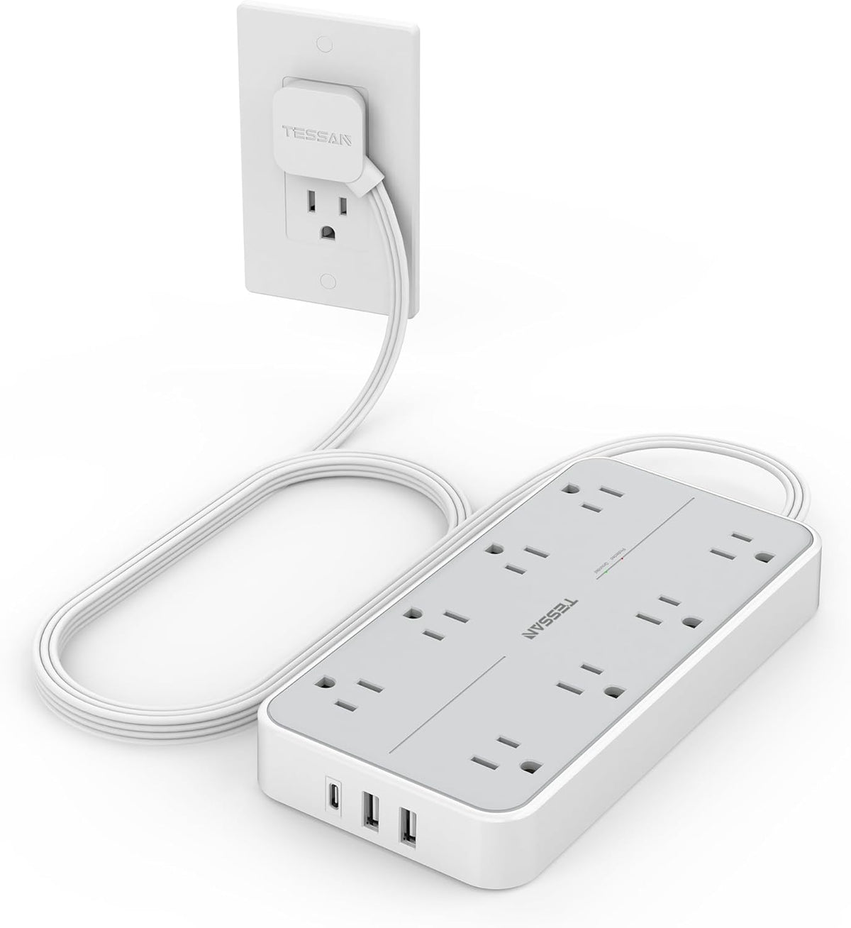 8 widely spaced ac outlets plus 3 usb ports (2x usb-a at 2.4a, 1x usb-c at 3a) for 11 total charging points