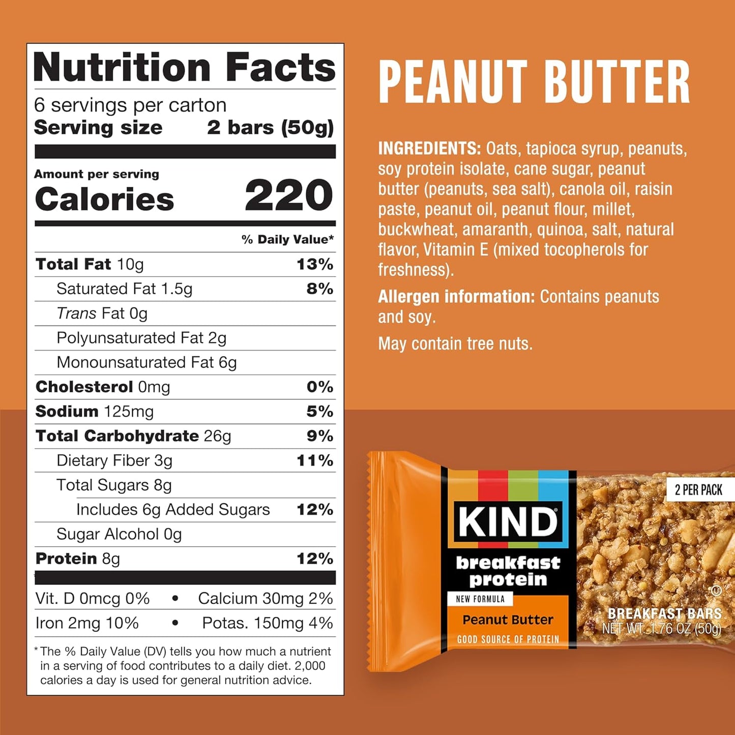 8g protein per bar sourced from soy protein isolate and whole grains