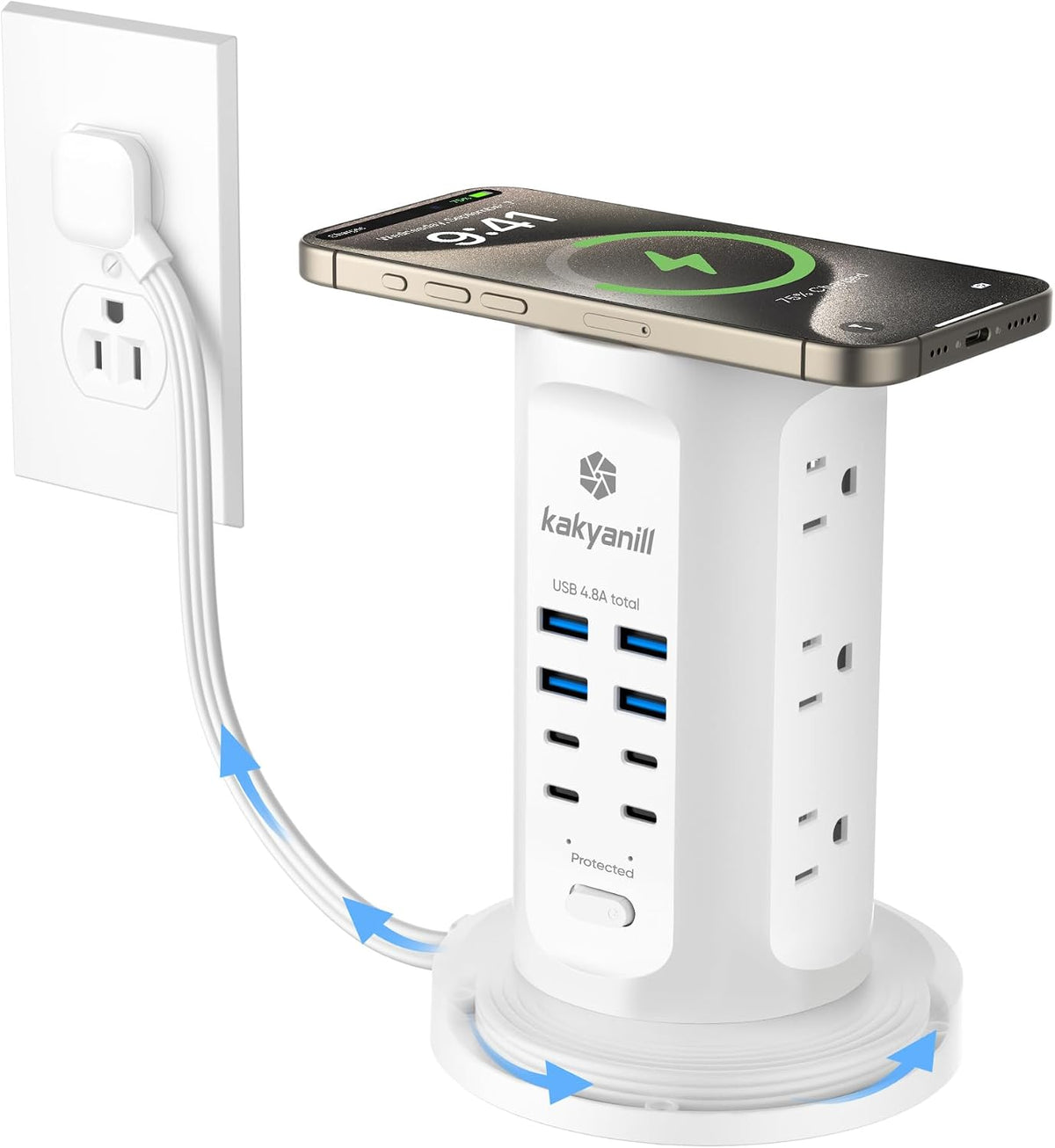 9 ac outlets spaced 1.5 inches apart for bulky adapters