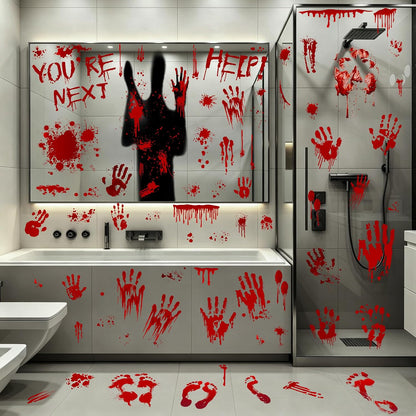 9 sheets containing 67 total bloody motifs including handprints, footprints, blood splatters, and 'help' text