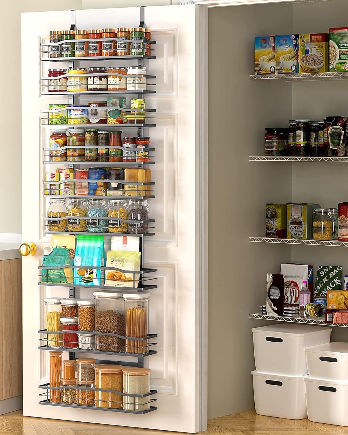 9-tier over-the-door design with 3 large (15.3"), 3 medium (14.9"), and 3 small (14.5") baskets