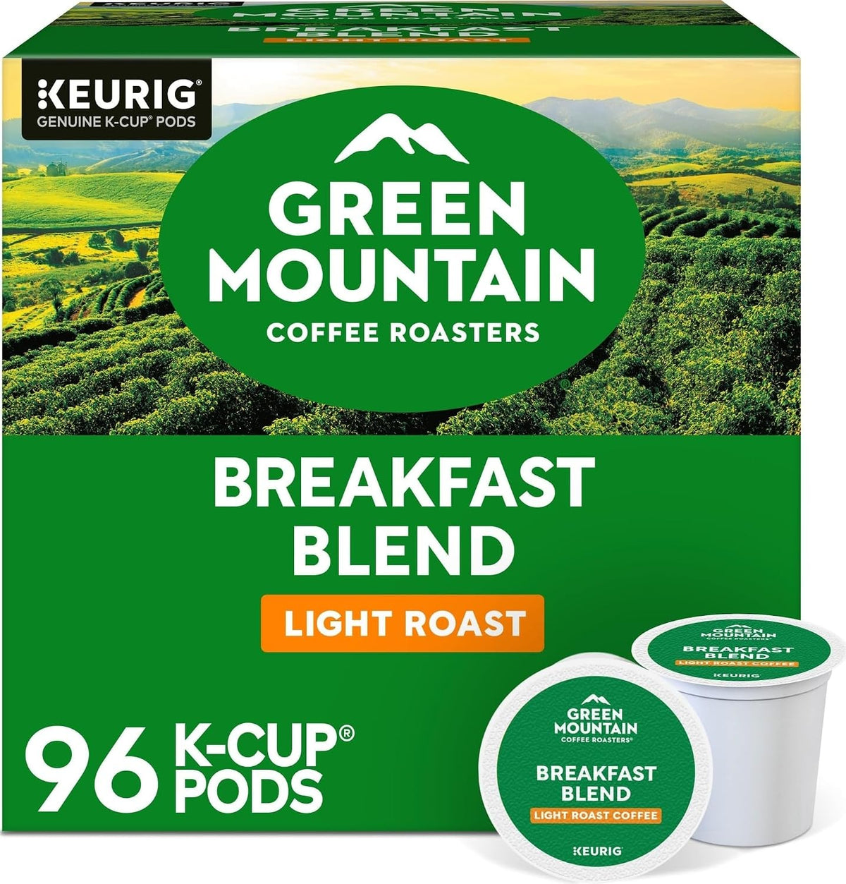 96 k-cup pods per box with 11 size variants ranging from 10-count samplers to 100-count bulk