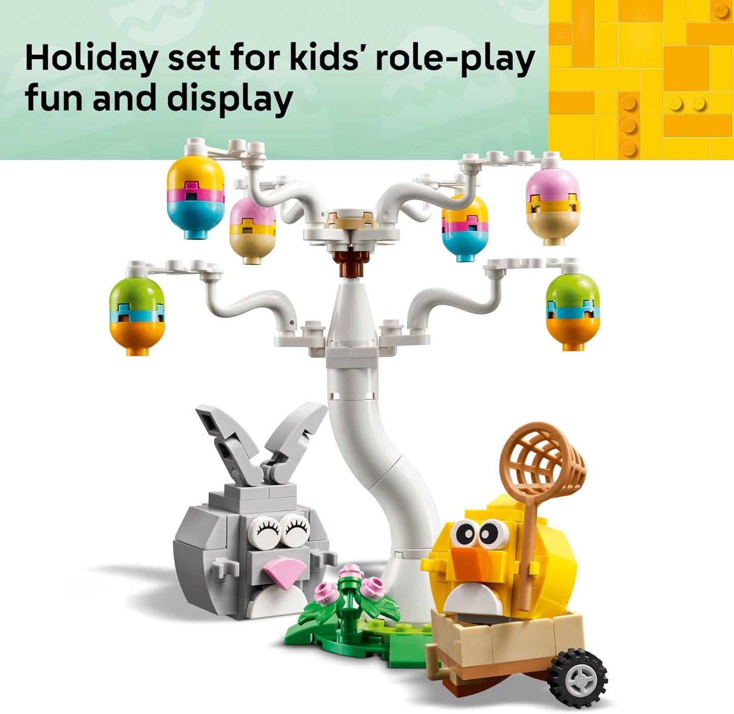 accessory wagon with rolling wheels and a net for pretend-play egg collection