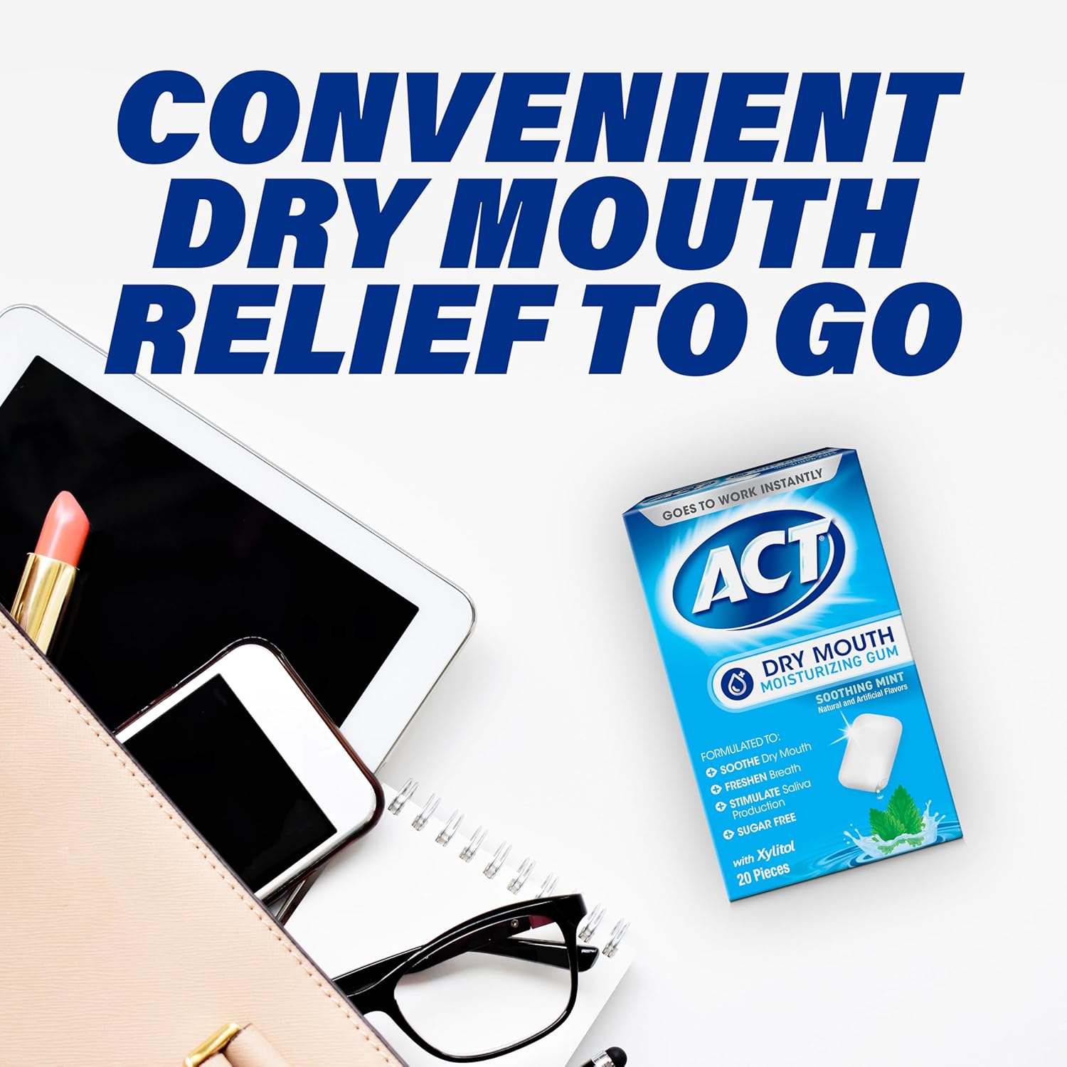 ACT Dry Mouth Gum – Daily Self-Care Chew for Medication-Induced Dry Mouth, Xylitol Soothing Mint