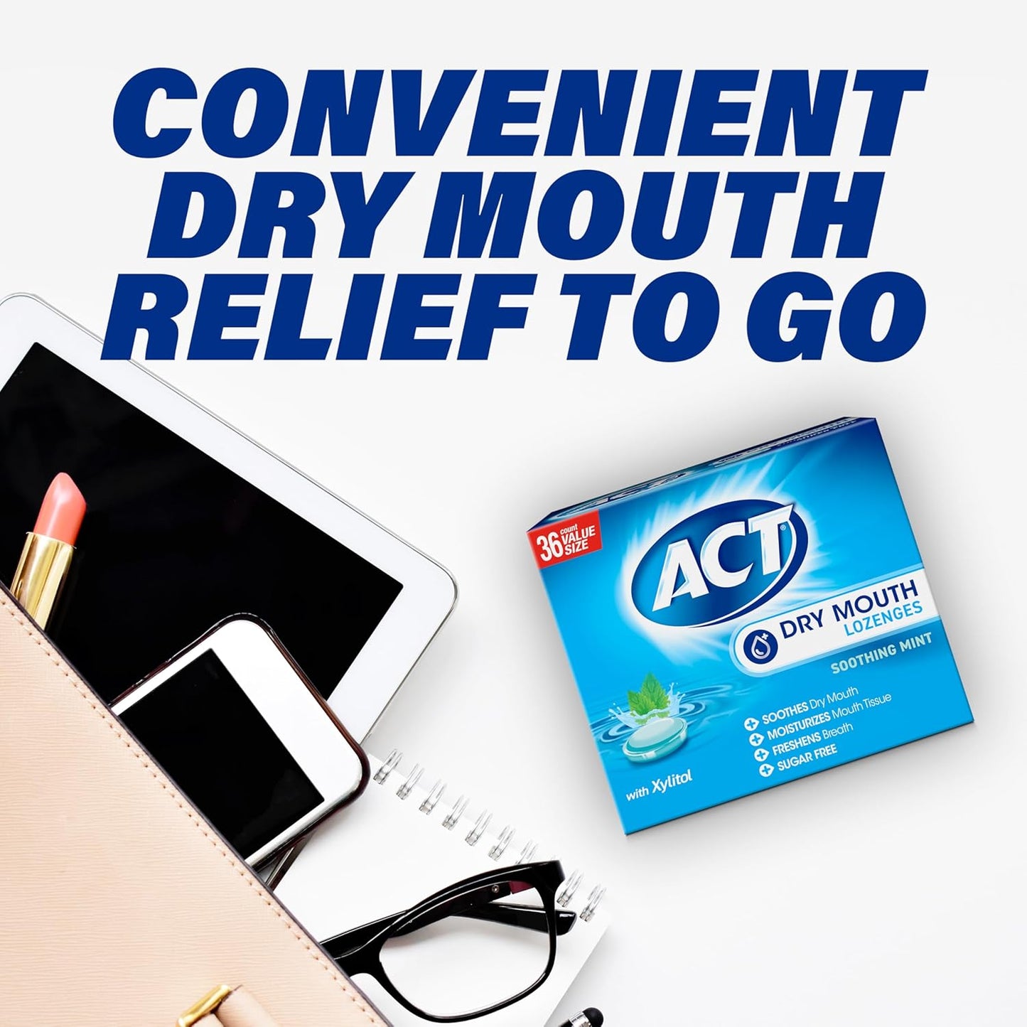 ACT Dry Mouth Lozenges with Xylitol, Soothing Mint – Bedtime Self-Care Ritual for Chronic Xerostomia Relief, 36 ct., 2 pk