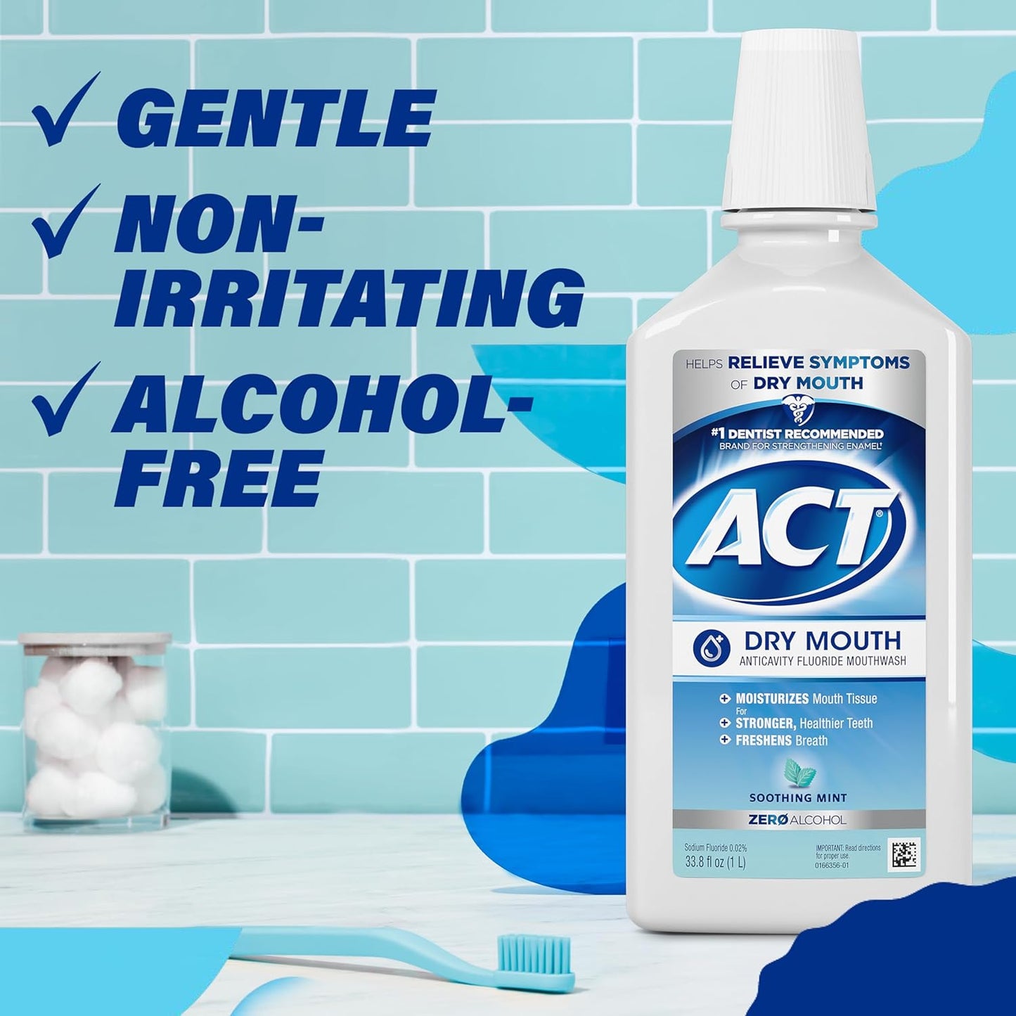 ACT Dry Mouth Mouthwash – Soothing Nighttime Oral Care Ritual for Restful Sleep, Soothing Mint, 33.8 fl. oz.