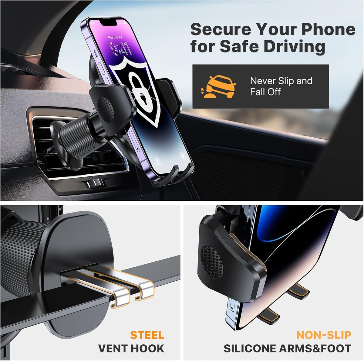 adjustable clamp compatible with 4.0–7.2 inch smartphones including thick cases