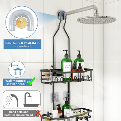 adjustable extension arm that keeps the top shelf clear of the shower head