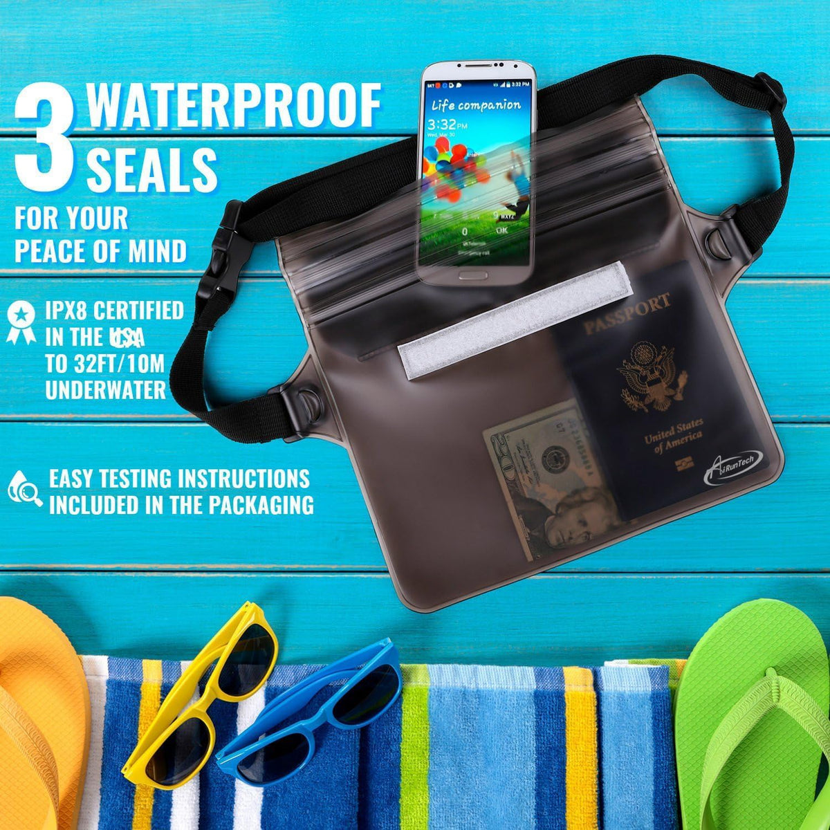 adjustable strap fitting waists 33.5 to 42.5 inches, convertible to cross-body or shoulder bag