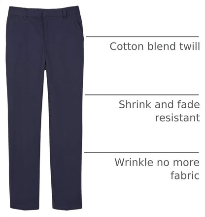 adjustable waistband with hook-and-eye closure and zipper fly