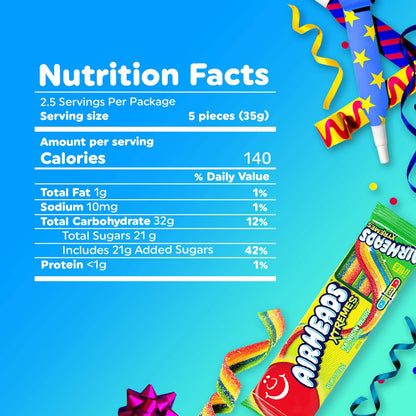 Airheads Xtremes Belts Blue Raspberry Chewy Candy, Bulk 18 Pack Individually Wrapped 2 oz Sour Belts – Heat Stable Hiking Camping and Road Trip Snack
