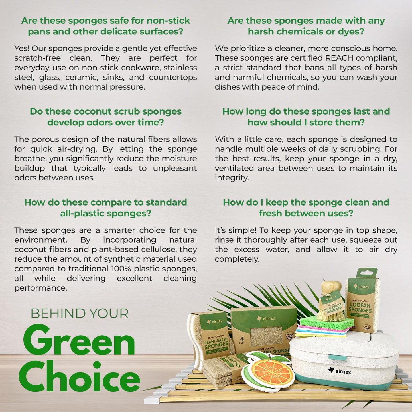 AIRNEX Odor-Resistant Dish Sponge for Health-Conscious Homes, Fast-Drying Coconut Fiber Sponge