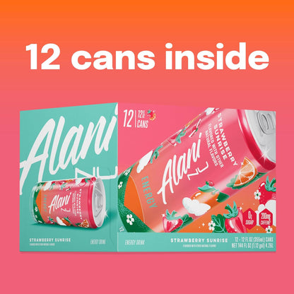 Alani Nu Strawberry Sunrise Low Calorie Energy Drink – Hair Skin Nails Beauty Companion for the Wellness Fridge, Biotin B12 12 Fl Oz 12 Pack