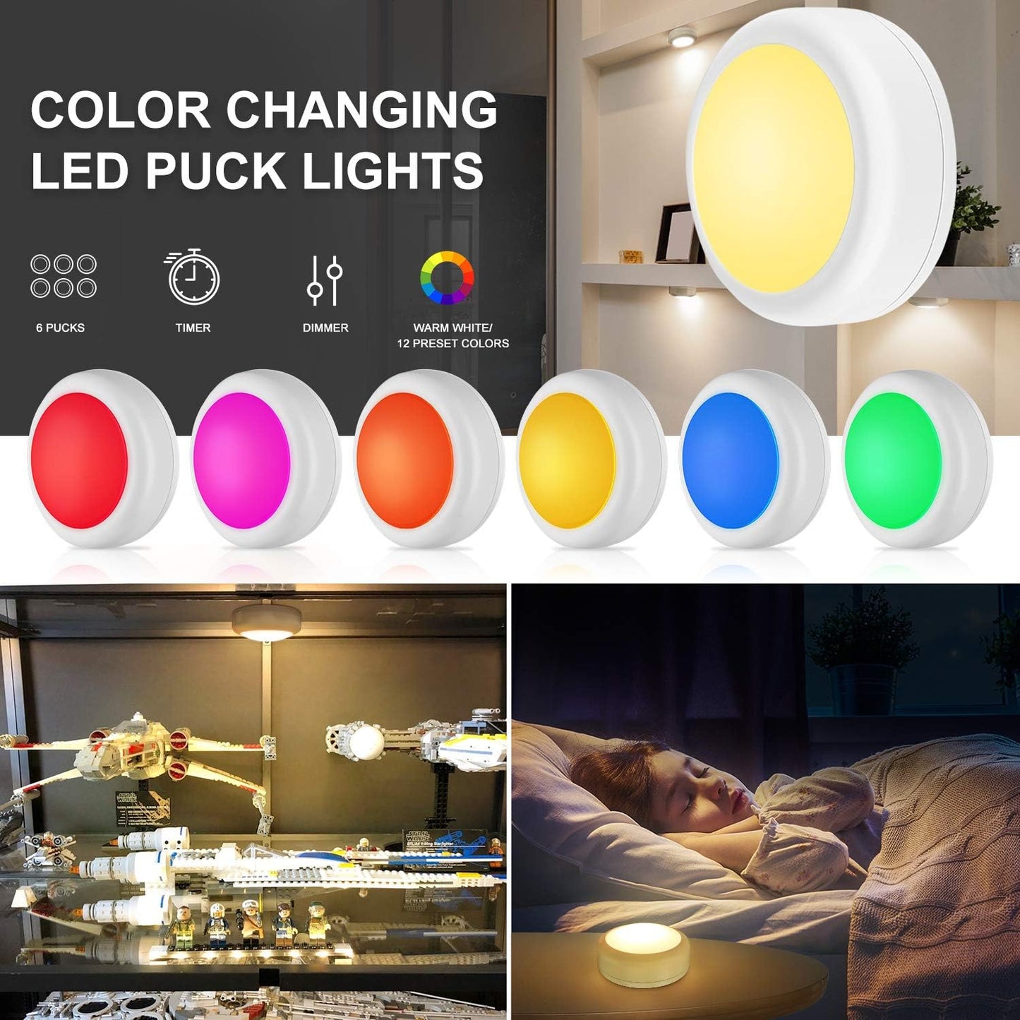 Alivation Flame-Free LED Puck Lights for Senior Stair Safety, Battery Night Lighting with Auto-Off Timer for Hallway and Bathroom