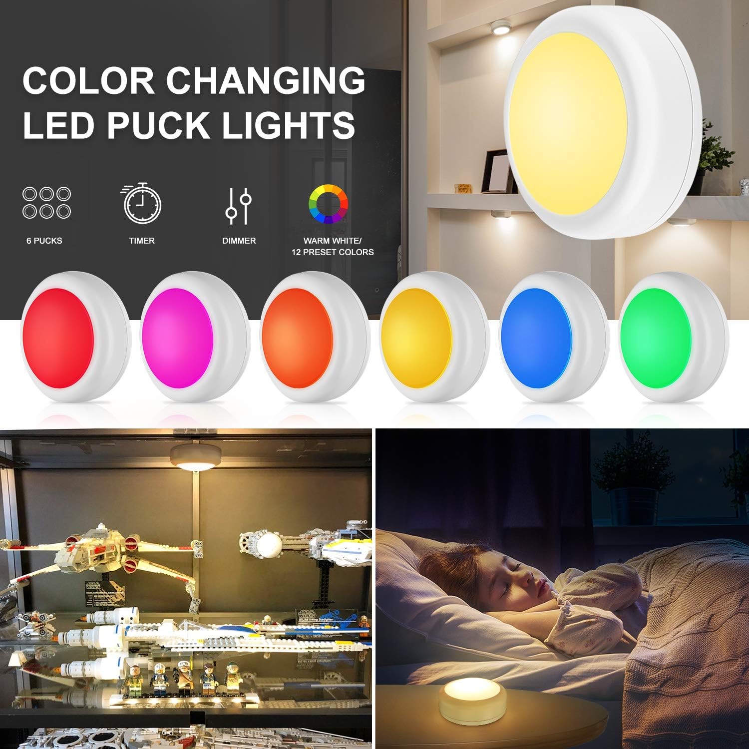 Alivation Flame-Free LED Puck Lights for Senior Stair Safety, Battery Night Lighting with Auto-Off Timer for Hallway and Bathroom