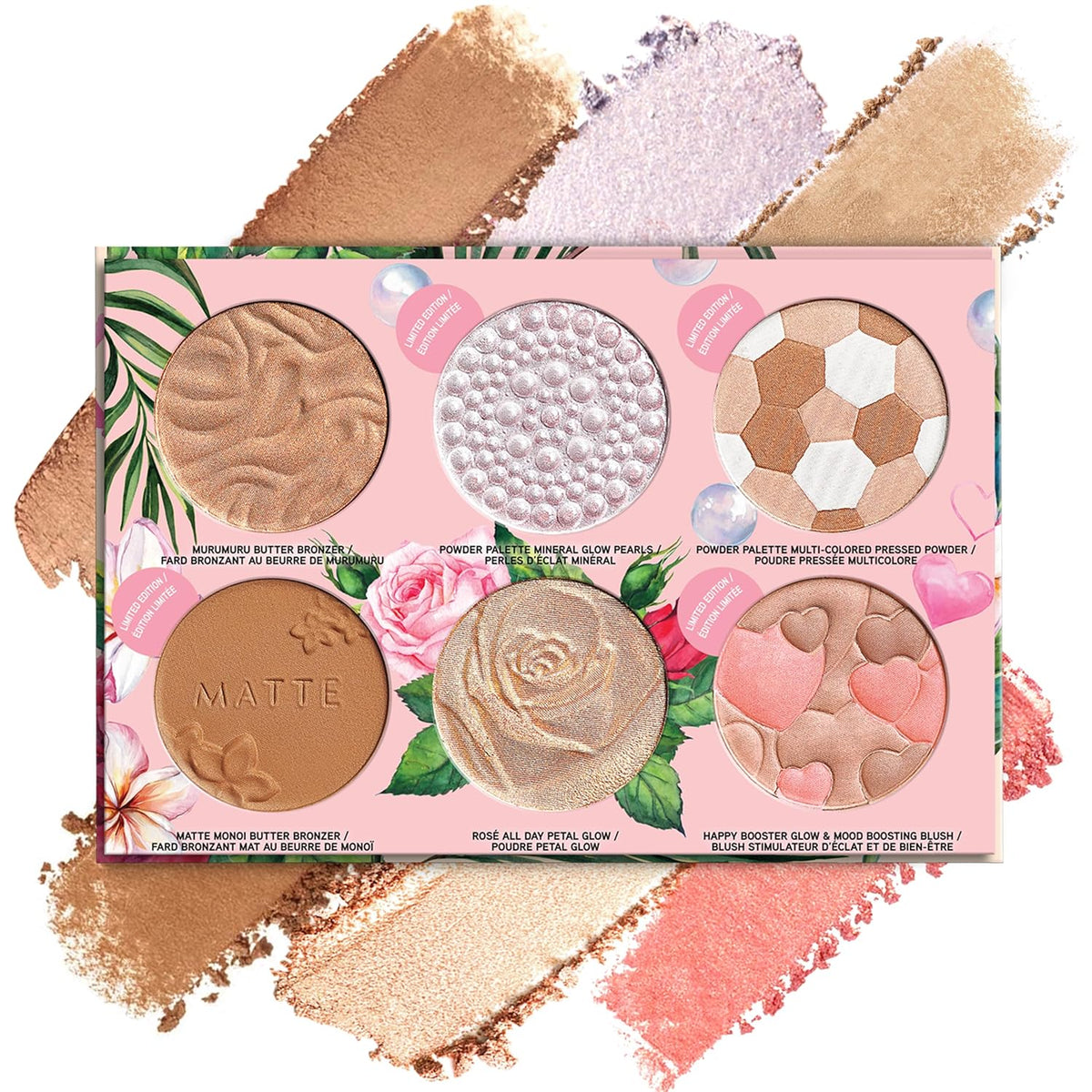 all-in-one palette containing murumuru butter bronzer, matte monoi butter bronzer, happy booster mood-boosting blush, rosé all day petal glow highlighter, mineral glow pearls highlighter, and face powder