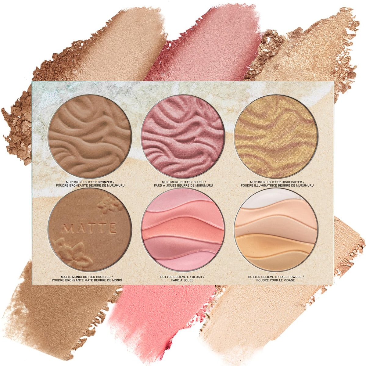 all-in-one palette containing murumuru butter bronzer, matte monoi butter bronzer, happy booster mood-boosting blush, rosé all day petal glow highlighter, mineral glow pearls highlighter, and face powder