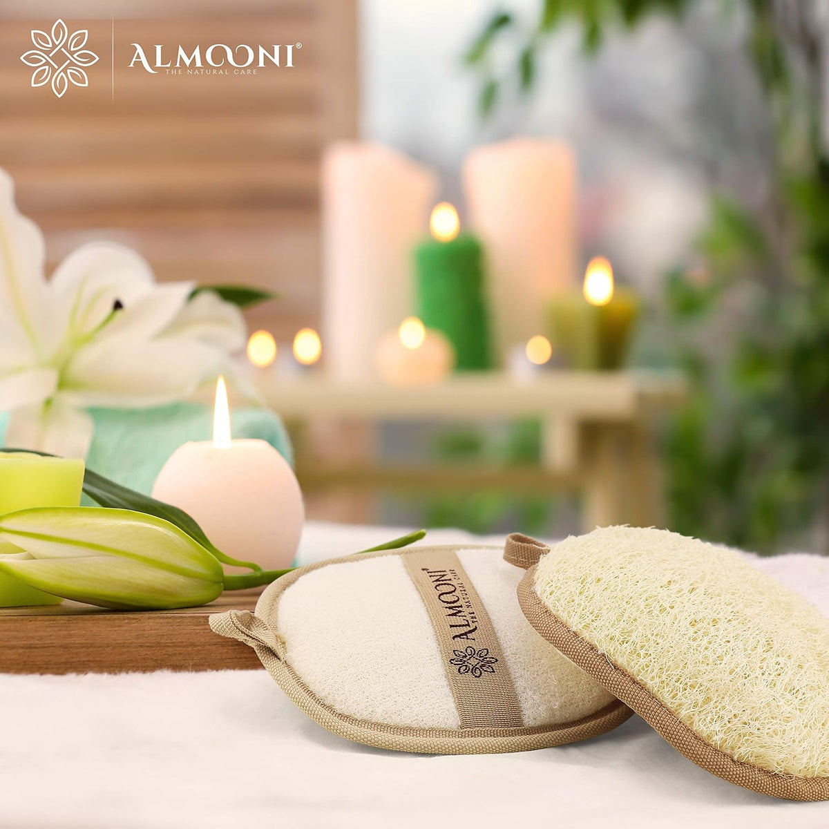 Almooni Two-Sided Loofah Exfoliating Pad – Intentional Shower Accessory for a Less-Is-More Routine