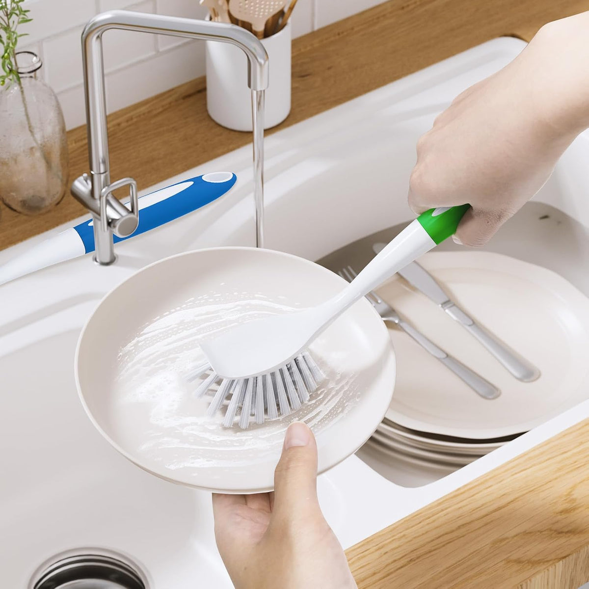 Amazer Kitchen Scrub Brush 2 Pack – Splash-Free Dish Brush with Long Handle to Protect Hands from Hot Water