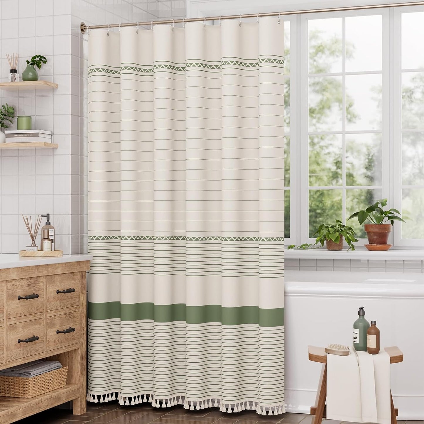 AmazerBath Boho Shower Curtain – Spa Like Bathroom Retreat for Calming Bath Time, Faux Linen Green Striped Curtain 72x72 with Hooks