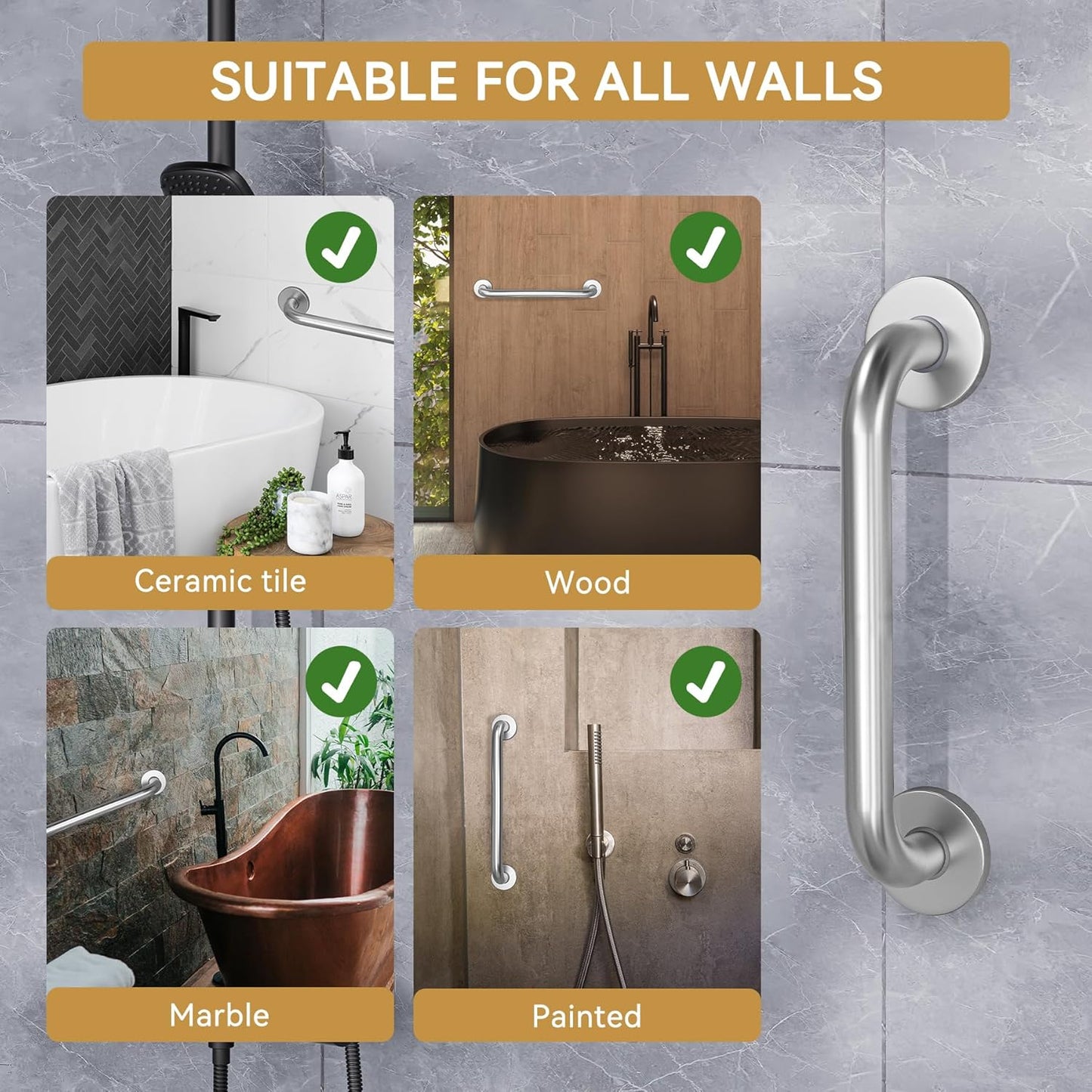 AmazerBath Stainless Steel Grab Bar – Fall Prevention Handrail for Elderly Bathing, Wall-Mounted