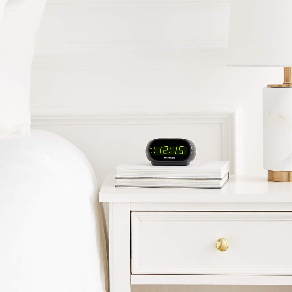 Amazon Basics Compact LED Alarm Clock with Nightlight – Flameless Bedside Light for Elderly Parent's Room