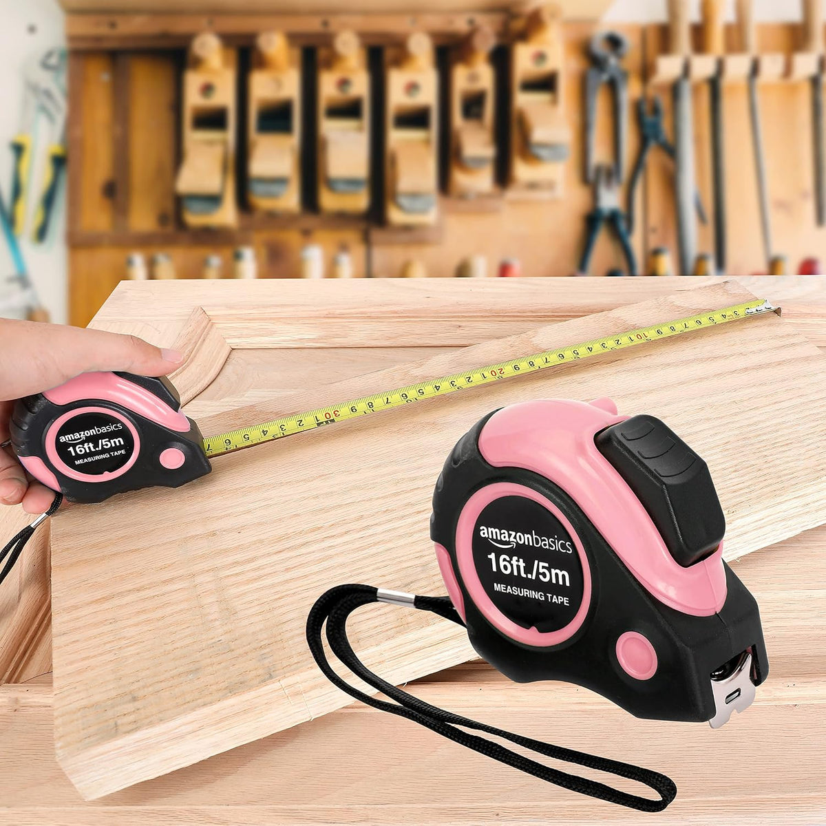 Amazon Basics Retractable Tape Measure with Metric and SAE Measurements, 16ft/5m – Simple Dual-Scale Measuring Tool for Intentional, Less-Is-More Workspaces, Pink