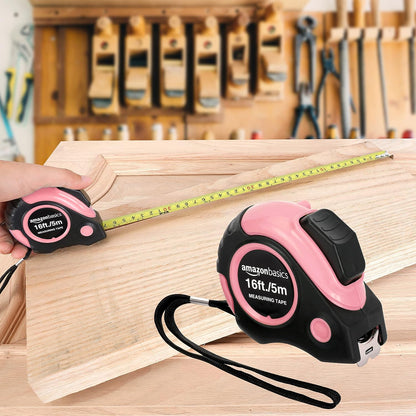 Amazon Basics Retractable Tape Measure with Metric and SAE Measurements, 16ft/5m – Simple Dual-Scale Measuring Tool for Intentional, Less-Is-More Workspaces, Pink