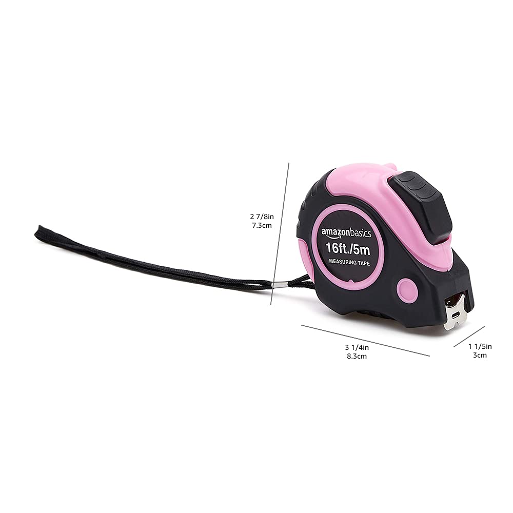 Amazon Basics Retractable Tape Measure with Metric and SAE Measurements, 16ft/5m – Simple Dual-Scale Measuring Tool for Intentional, Less-Is-More Workspaces, Pink