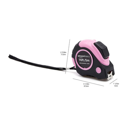 Amazon Basics Retractable Tape Measure with Metric and SAE Measurements, 16ft/5m – Simple Dual-Scale Measuring Tool for Intentional, Less-Is-More Workspaces, Pink