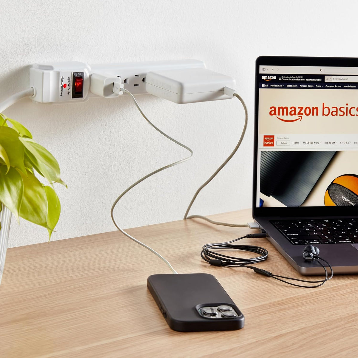 Amazon Basics Surge Protector Power Strip – Dorm Room Electronics Safety, 2-Pack 6-Outlet Strips with Built-In Circuit Breaker