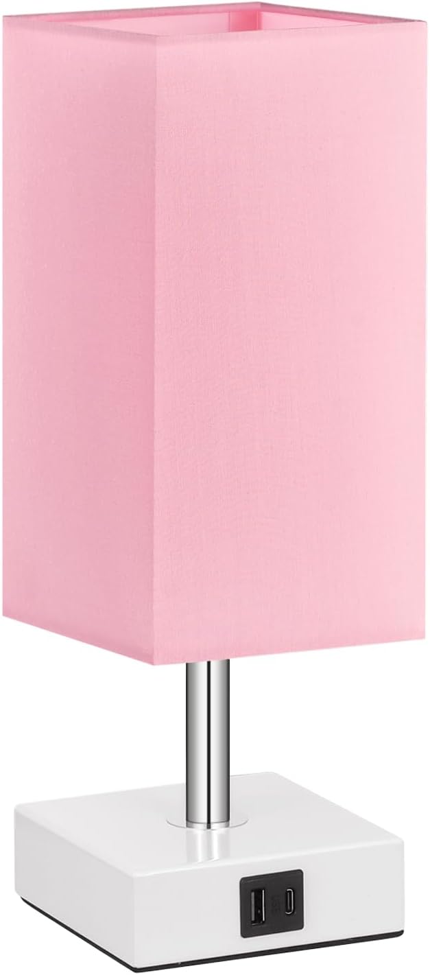 Ambimall Touch Table Lamp – Pink Bedroom Decor Accent with Warm White Glow, Fabric Shade and Matte White Base