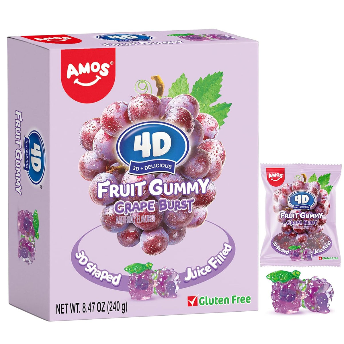 AMOS 4D Gummy Candy Grape Burst – Portion Controlled Office Snack for Mindful Workday Munching, Mini Pouches