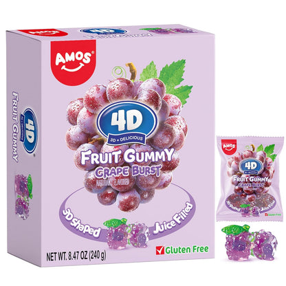 AMOS 4D Gummy Candy Grape Burst – Portion Controlled Office Snack for Mindful Workday Munching, Mini Pouches