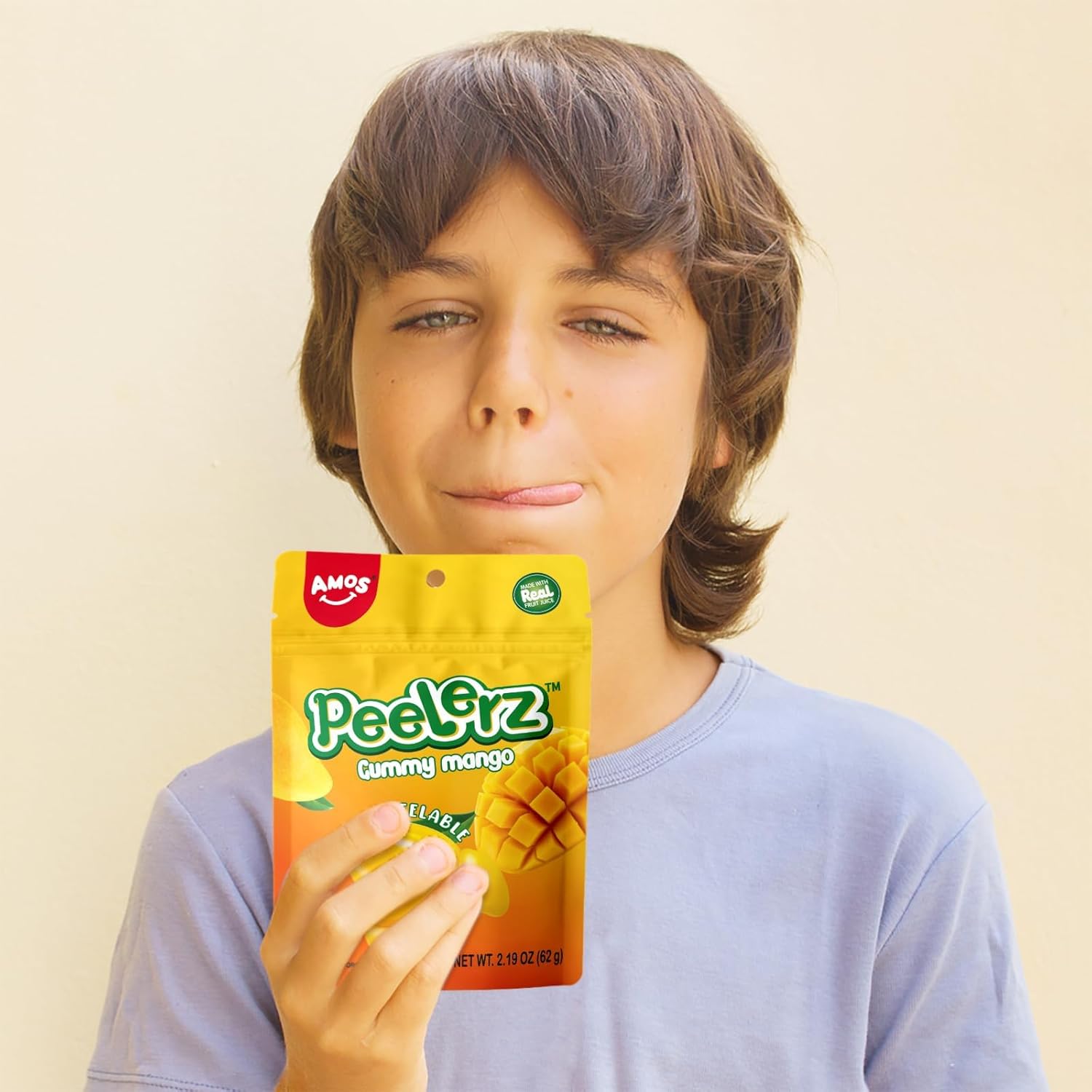 Amos Peelerz Mango Gummy Candy – Kid-Friendly School Lunchbox Snack, Resealable 2.19oz Pouch (Pack of 8)