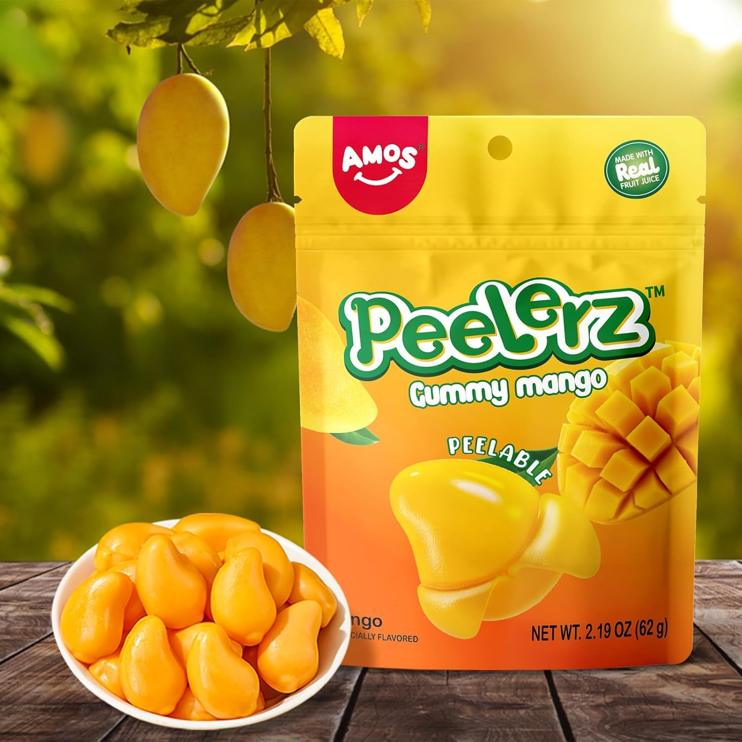 Amos Peelerz Mango Gummy Candy – Kid-Friendly School Lunchbox Snack, Resealable 2.19oz Pouch (Pack of 8)