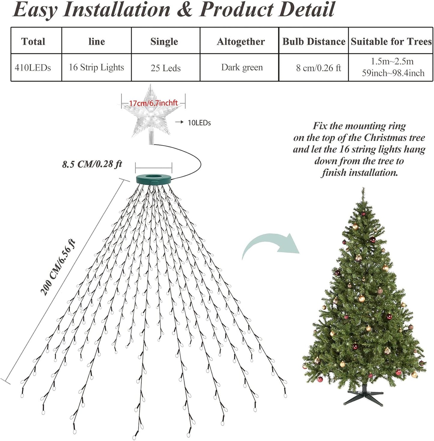 aneeway IP55 Waterproof Star Tree Lights – Patio and Garden Holiday Lighting, 410 LED Warm White Cascade