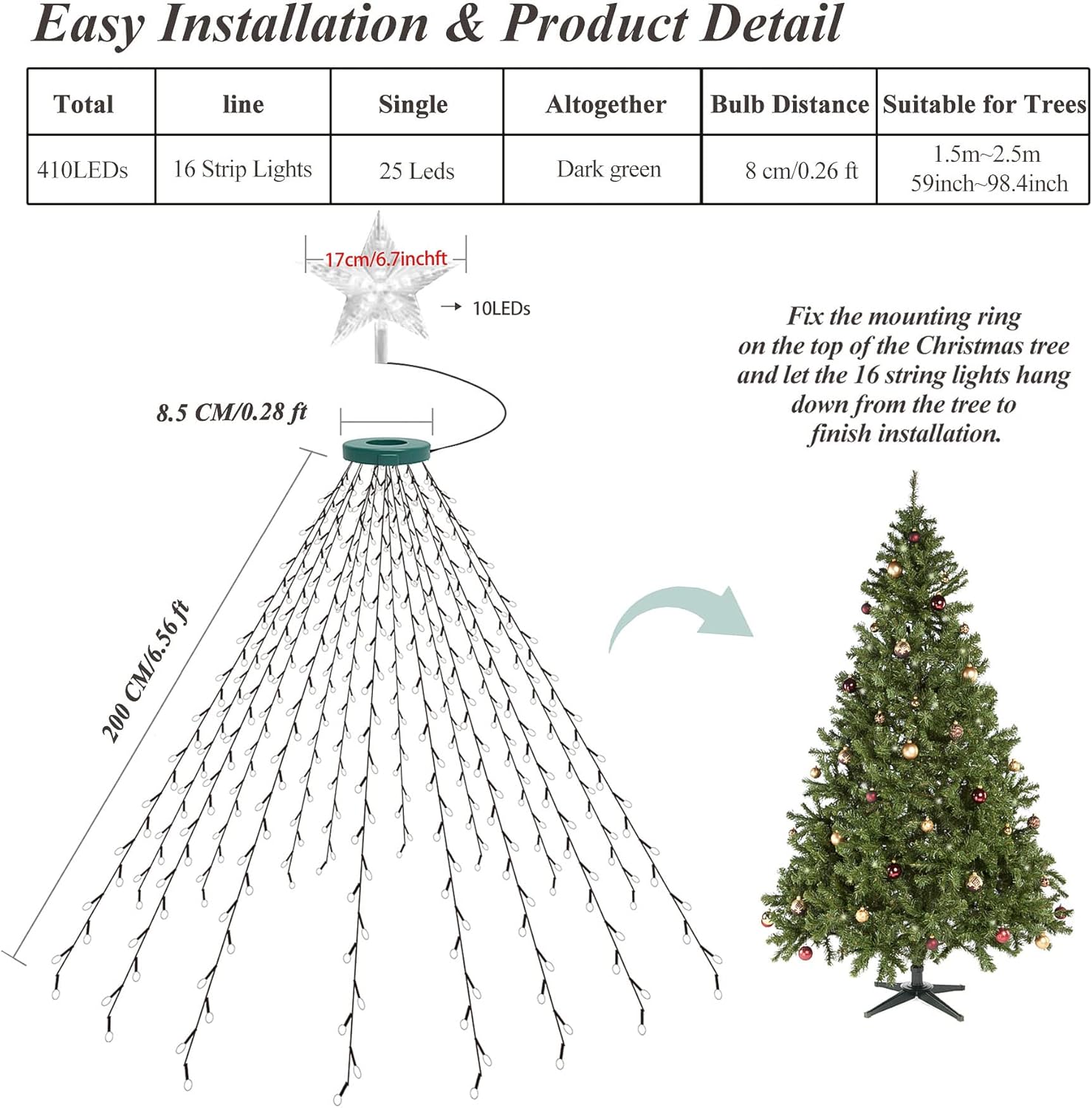 aneeway IP55 Waterproof Star Tree Lights – Patio and Garden Holiday Lighting, 410 LED Warm White Cascade