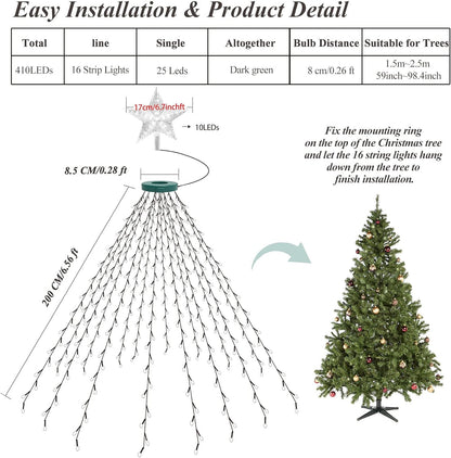 aneeway IP55 Waterproof Star Tree Lights – Patio and Garden Holiday Lighting, 410 LED Warm White Cascade