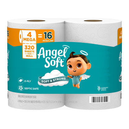 Angel Soft Toilet Paper, 4 Mega Rolls = 16 Regular Rolls, Soft and Strong Toilet Tissue