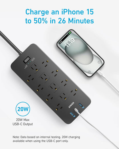 Anker Power Strip 2100J for Home Office Desk Setup, 12 Outlets and 20W USB-C Workstation Power Hub