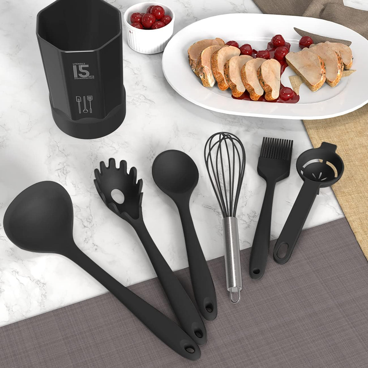 AOTHOD Silicone Cooking Utensils Set - Minimalist Kitchen Essentials, One 15-Piece Set Replaces Every Cluttered Drawer