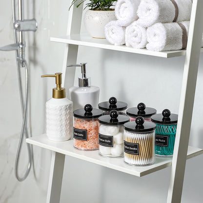 ApothecaryStyle Acrylic Canister Set – Bathroom Vanity Decor with Black Sphere Lids and Pre-Printed Labels