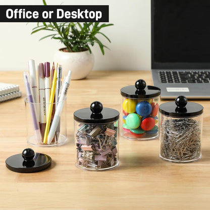 ApothecaryStyle Acrylic Canister Set – Bathroom Vanity Decor with Black Sphere Lids and Pre-Printed Labels