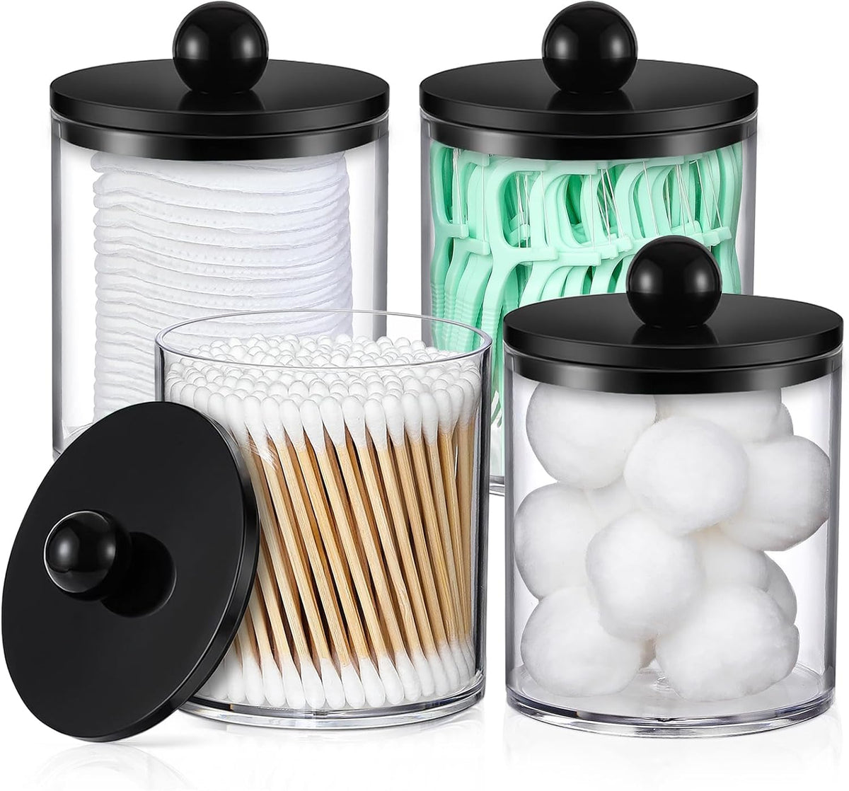 ApothecaryStyle Acrylic Canister Set – Bathroom Vanity Decor with Black Sphere Lids and Pre-Printed Labels