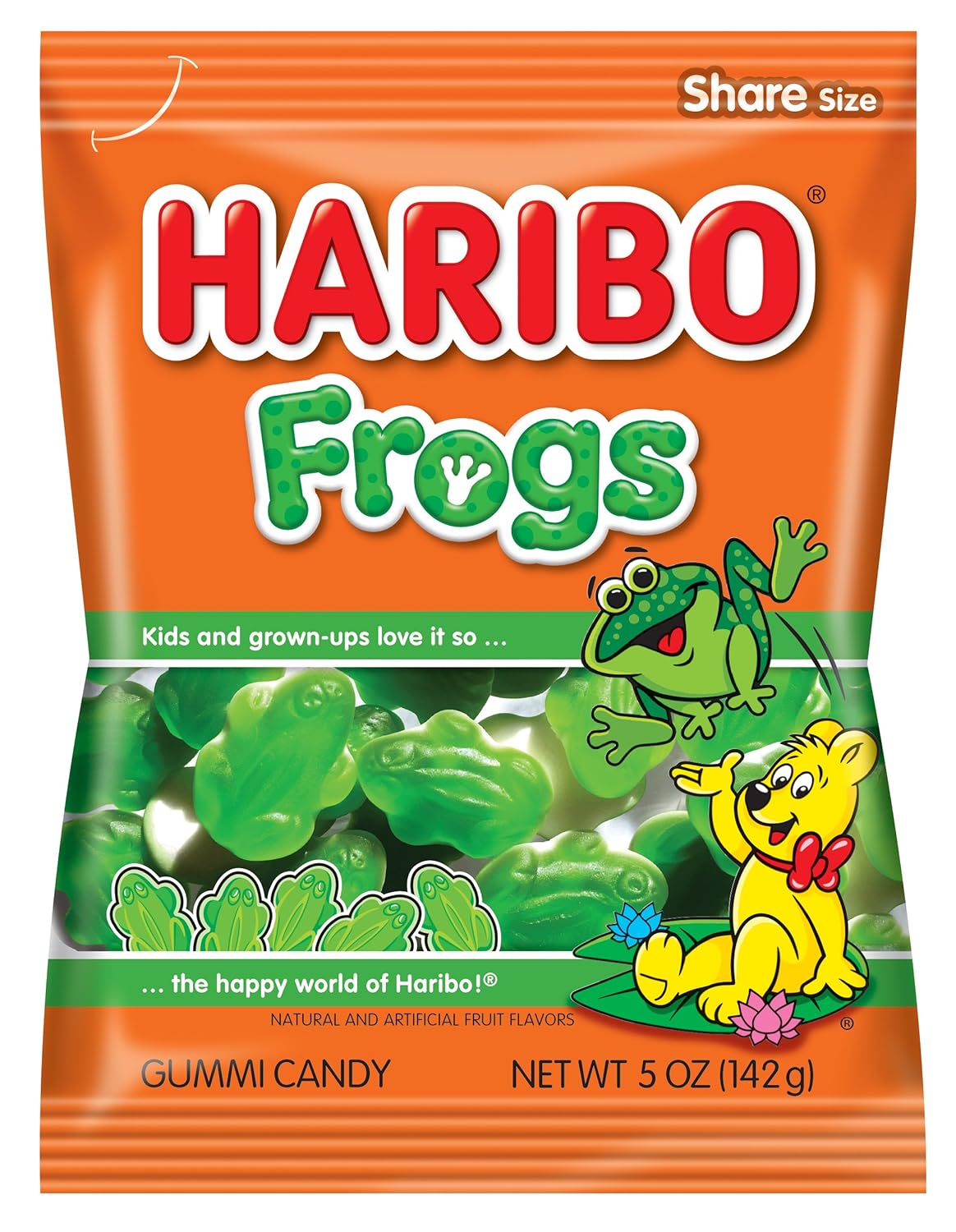 apple-flavored green gummy candies shaped like frogs with white bellies