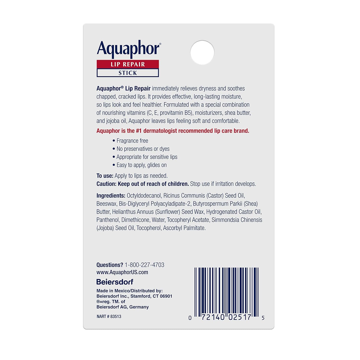 Aquaphor Lip Repair Stick – Self-Care Lip Balm for Nightly Hydration Rituals, Pack of 2