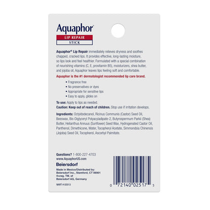 Aquaphor Lip Repair Stick – Self-Care Lip Balm for Nightly Hydration Rituals, Pack of 2