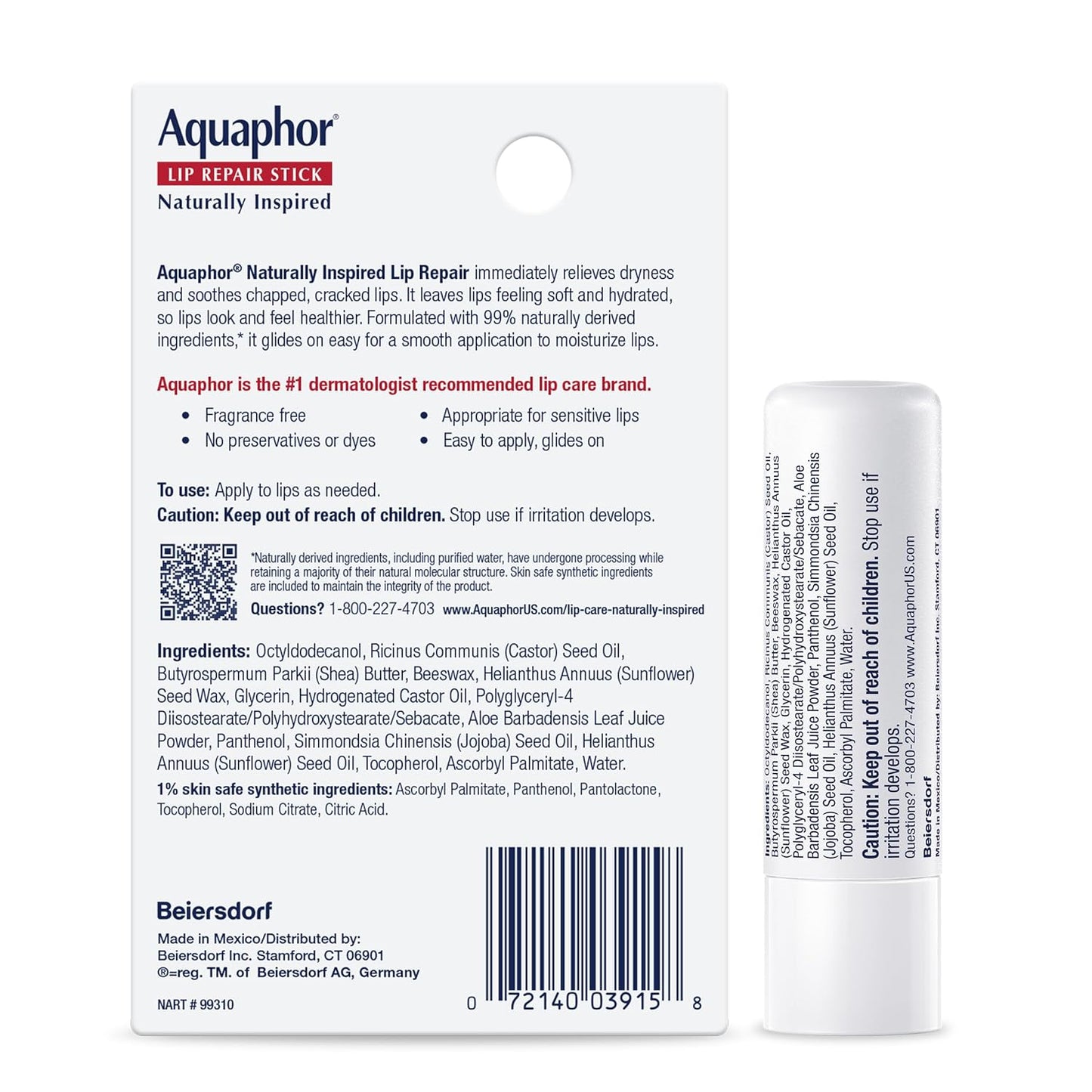Aquaphor Lip Repair Stick with Aloe Vera and Shea Butter – Fragrance-Free, Preservative-Free Lip Care for Sensitive Skin