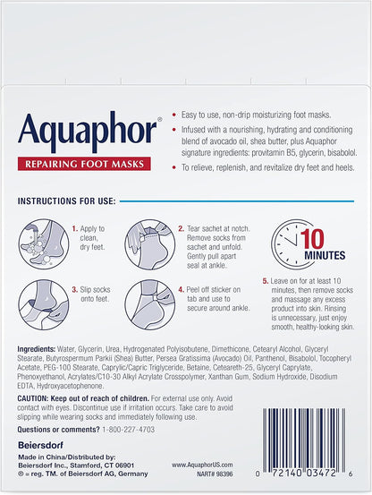 Aquaphor Repairing Foot Masks – Thoughtful Christmas Gift for Women, Pack of 6 Hydrating Sock Treatments for Dry, Cracked Heels